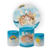 Kit Capa Painel Redondo 1,5x1,5 + Trio Cilindros Decoração Festas Religiosas Tema Arca de Noé Aniversários Eventos