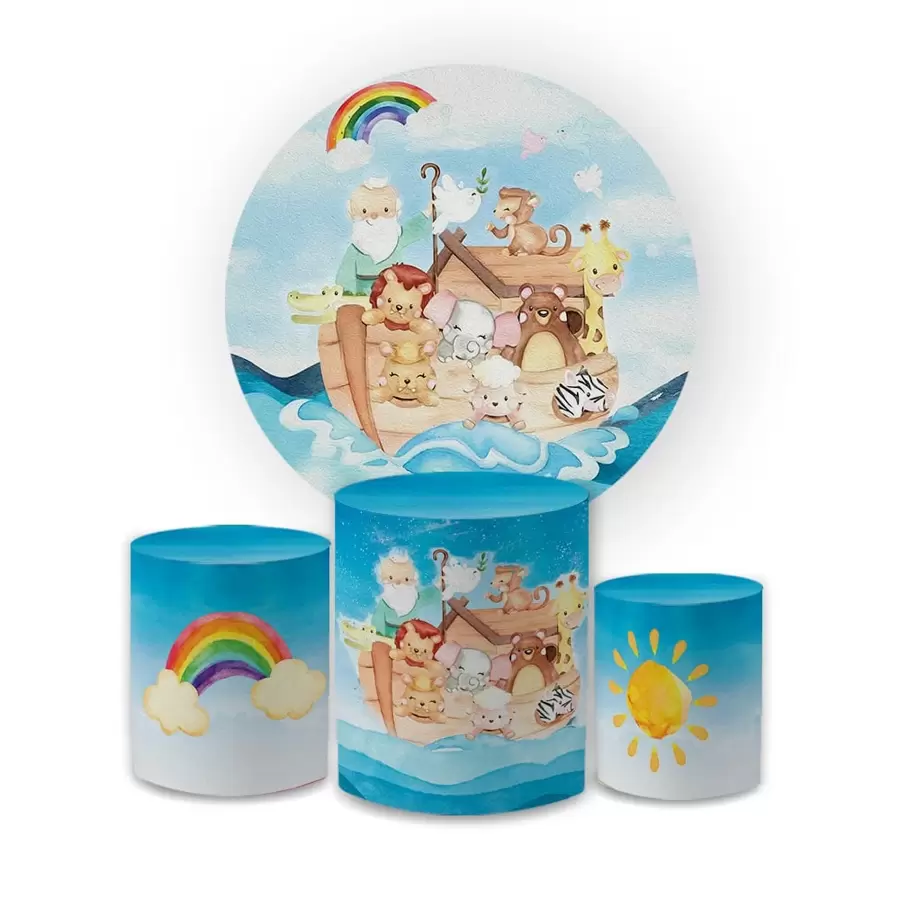 Kit Capa Painel Redondo 1,5x1,5 + Trio Cilindros Decoração Festas Religiosas Tema Arca de Noé Aniversários Eventos