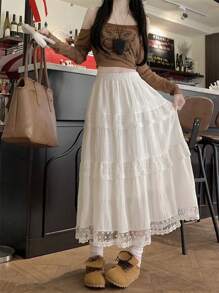 White Lace Trim Cake Skirt For Women, High Waist Slimming A-Line Mid-Length Skirt, Spring 2026 New Arrival