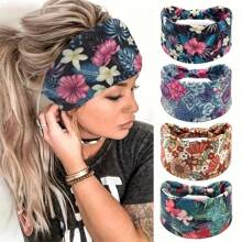 1/4 Stücke Boho-Stil elastische breite Stirnbänder, Blume Muster Sport Haarband, Frühling/Sommer, Haarzubehör, Turban Stirnband