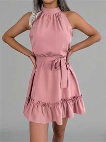 Nuevo vestido de color rosa sólido con cintura anudada, sin mangas, volantes en el bajo y cuello de halter, elegante para primavera/verano - Rosa - View 6