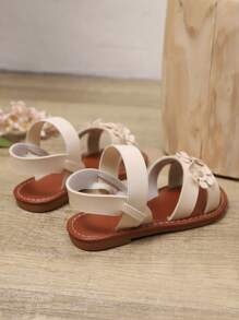 1 Pair Plus Size Toddler Girls Ivory White Flat Sandals, Solid PU Material, Shiny Rhinestone Flower Decor, Elastic Back Strap, Round Toe, Fashion Luxury Cute Flat Sandals Suitable For 3-15 Years Old Girls Daily, Party, Travel, Spring/Summer 2025