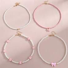 4pcs/Set Handmade Pink Heart & Butterfly Pearl Bead Necklace, Suitable For Children Girls Everyday Wear