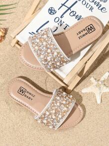 Summer Kids' Fashion Slide Sandals, Girls' Pearl Decor Princess Shoes, Flat Casual Beach Slippers, Suitable For Everyday Outing And Outdoor Vacation
