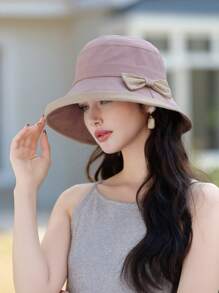 1 pieza Sombrero de cubo de mujer para primavera y verano, diseño elegante y versátil con lazo, protección solar de ala ancha, apto para salir, ir de compras, viajar