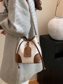 Fashionable Color-Blocking Drawstring Mini Crossbody Bag For Women - Beige - View 5