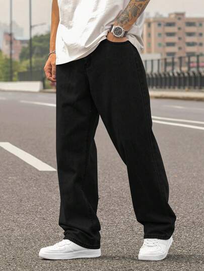 Men's Washed Light Blue Straight Jeans, Men's Loose Jeans, Retro Y2K Style, Simple And Versatile