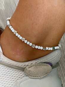 1pc Starfish Turtle Flower Beaded Anklet, Multicolor Bohemian Ocean Style Beaded Pearl Resin Foot Chain Jewelry For Women, Suitable For Beach Vacation & Everyday Wear - Multicolor - View 3