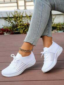 Women's Casual Sneakers, Comfortable Breathable Versatile Fashion White Lace-Up Sports Shoes, Student Shoes