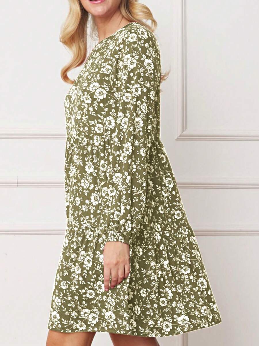 Boho Retro Ditsy Floral Flutter Puff Sleeve Square Neck Tiered Ruffle Tea Midi Length Classic Bridgerton Dress - Olive Floral - View 1