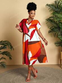 Vestido holgado de talla grande para mujer, de estilo geométrico, con cuello mao, cuello en V con volantes, mangas cortas, largo medio, para uso diario, de vacaciones y cómodo (estampado aleatorio)