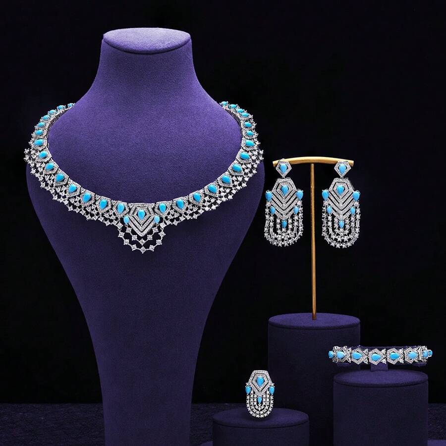 Deluxe Cubic Zirconia 4 Pieces Necklace Jewelry Set Women Saudi Arabia Dubai Wedding Bridal Jewelry Set Party Sister Mother Girlfriend Gift