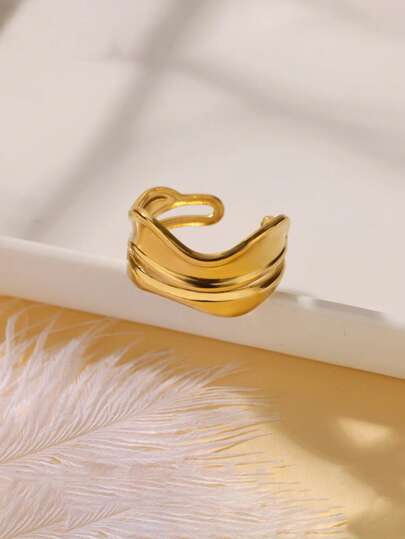 1 pieza Anillo ancho vintage de onda curva irregular para mujer, color dorado, de acero inoxidable con diseño geométrico abierto, regalo de joyería para bodas y fiestas