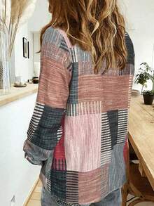 女士撞色拼接纽扣印花长袖休闲复古衬衫 夏季 - 紅色 - 查看 3