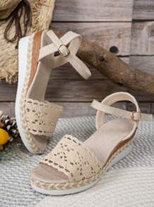 2025 New Lace Patchwork Rope Weaving Hollow Buckle Design Casual Commute Sweet Versatile Style Summer Plus Size Thick Bottom Faux Wood Grain Wedge Sandals For Women