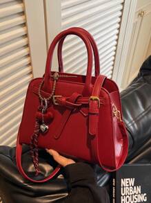 新款韩版简约单肩女包，时尚女士大容量手提包，个性斜挎包带吊坠 - 紅色 - 查看 6