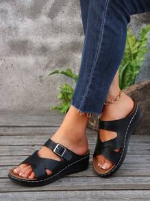Ladies Summer New Black Platform Thick Sole Sandals, Criss-Cross Strap, Metal Buckle, Hollow-Out, Breathable Mesh Uppers, Comfortable & Sexy, Casual Vacation Fashion Versatile Sandals. High Quality Leather, Retro European & American Style Sexy Multi-Color Criss-Cross Strap Peep Toe Platform Thick Bottom Sandals, Lightweight Slip-On, Enhanced Stitching Craftsmanship, Casual Vacation Beach Sandals For Women