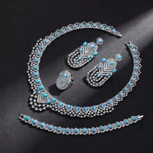 Deluxe Cubic Zirconia 4 Pieces Necklace Jewelry Set Women Saudi Arabia Dubai Wedding Bridal Jewelry Set Party Sister Mother Girlfriend Gift