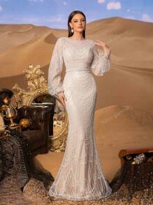 Faeriesty Haute Glamour Elegant Luxurious Sequined Mermaid Gown With Long Sleeves - Sparkling Crystal-Beaded Accents For Red Carpet Events, Celebrity Weddings, Gala Dinners, And Editorial-Ready Fashion Showouts
