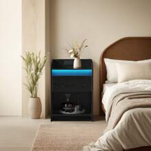 Hzuaneri Bedside Table With LED Light, Side Table With Charging Station, 1 Storage Drawer Bedside Table For Bedroom, Living Room, 2 USB Ports, 2 Sockets, Open Compartment - 黑色 - 查看 3