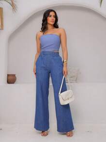 Women's High Waisted Flared Jeans With Elastic Waistband - 帶弓/中號 - 查看 1