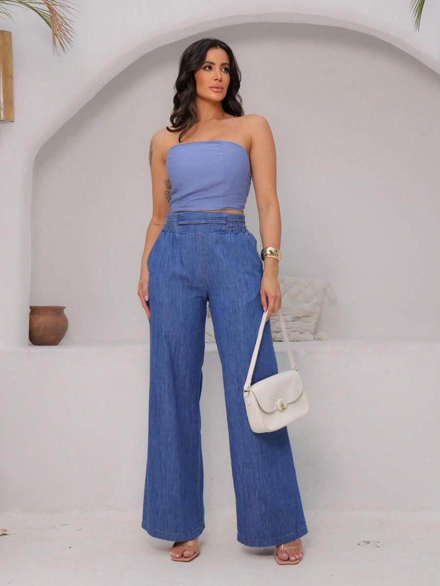 Women's High Waisted Flared Jeans With Elastic Waistband - 帶弓/中號 - 查看 1