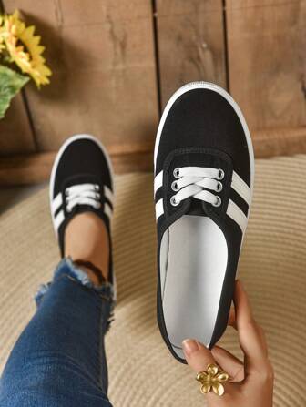 Women's Shallow Lace-Up Round Toe Slip-On Flat Canvas Sneakers, Casual Sports Shoes, White, For Spring And Autumn