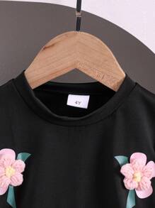 2pcs/Set Young Girl' Adorable 3D Floral Short Sleeve T-Shirt And Pleated Mini Skirt Set, Summer