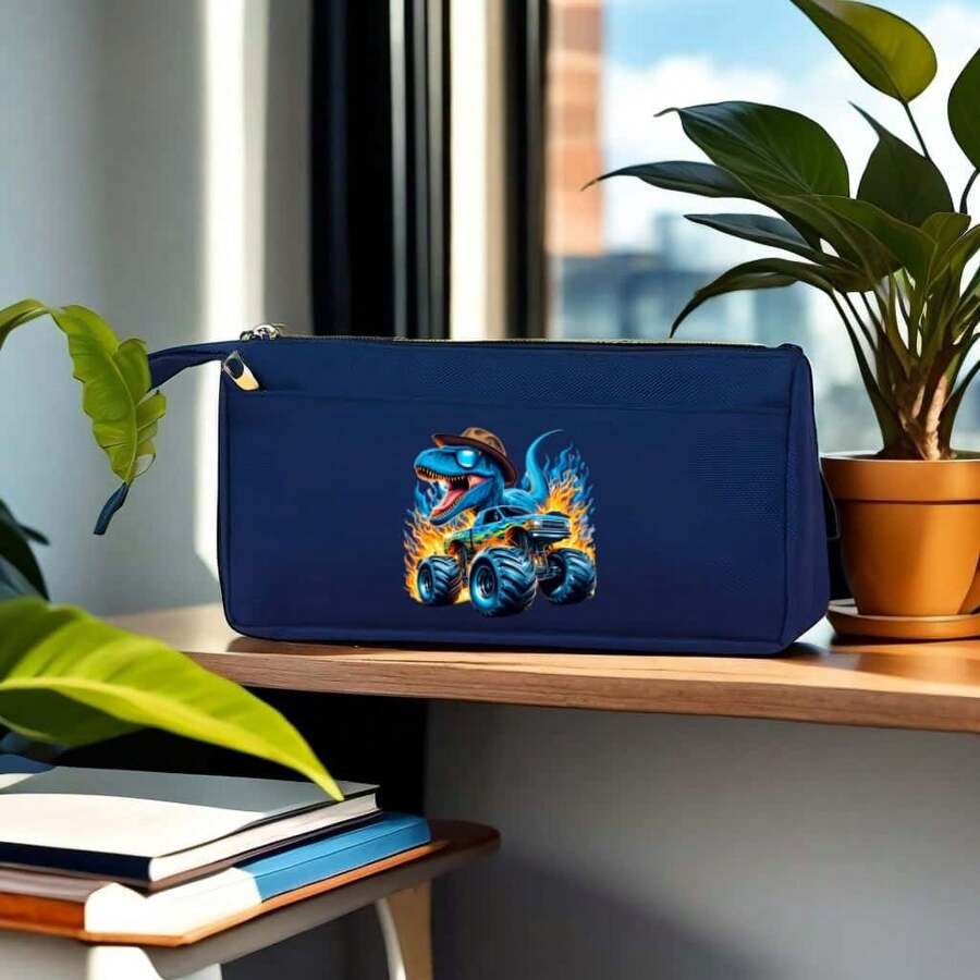 Niebieski piórnik z motywem płomienia dinozaura, mała torba do przechowywania - idealny dla uczniów, do biura, w podróży, do kosmetyków i artykułów piśmienniczych