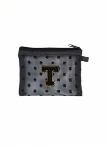 1 pieza Bolsa de malla transparente con forma de corazón linda, Mini bolsa de almacenamiento - Toalla con inicial bordada de la A a la Z, Bolsa cosmética portátil multifuncional para viajes, Bolsa de almacenamiento para maquillaje, cuidado de la piel y lápiz labial, Bolsa de cremallera de malla, Organizador de maquillaje para viajes