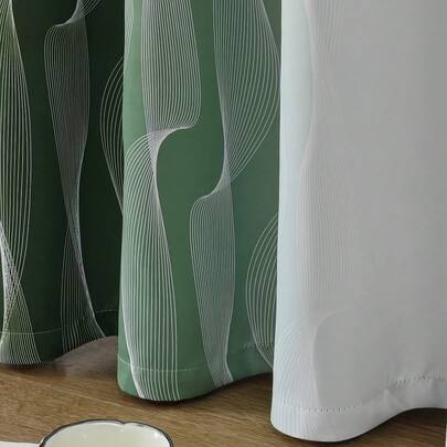 2 Pcs Light Blocking Heat Insulation Window Curtain Panels, Modern 3D Line Print Design, Green & White Ombre Color, Suitable For Living Room, Bedroom, Dining Room, Kids Room, Home Decor, Room Darkening