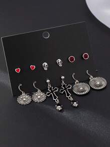 6 对哥特式风格水晶莱茵石心形骷髅恶魔之眼流苏圆形图腾耳坠套装，时尚百搭，适合情侣、派对