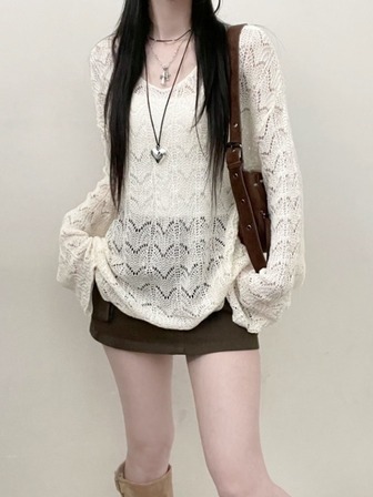 V-Neck Hollow Out Knit Sweater Loose Casual Lightweight Long Sleeve T-Shirt