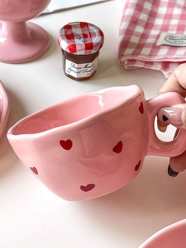 One Pink Heart Shaped Coffee Cup With A Romantic, Cute And Sweet Style, A Niche Sister Cup With A Unique Design That Can Be Used As A Gift Or Ceramic Dinnerware For Office Or Home Use, Or As A Party Cup. School Supplies,Back To School