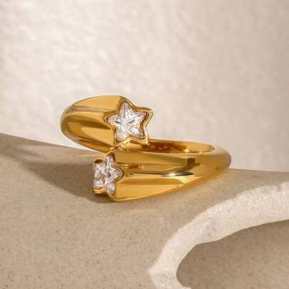 Nuevo anillo de apertura con diseño único asimétrico de pentágono y circonita brillante, elegante y lujoso, a prueba de óxido para mujeres