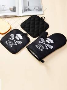 2pcs Set Minimalist Thick Heat Insulation Kitchen Baking Gloves And Pot Holder, Daily Cooking & Oven Use - Black and White - View 8