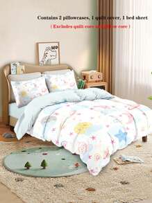 4pcs/Set Cartoon Cute Blue Tone Planet Series Bedding Set Including 1pc Duvet Cover, 2pcs Pillow Shams, 1pc Flat Sheet, Without Comforter And Pillow Inserts, Soft Fabric With Star, Moon, Rainbow, Cloud Patterns, Suitable For Kids & Adults Bedroom, Hotel, Dorm Room Decor