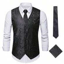 Men's Casual Paisley Flower Print Waistcoat Vest, Sleeveless Formal Dinner Suit With Tie And Handkerchief