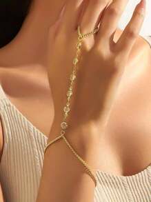 1 件水晶镶嵌时尚手指链，优雅边框玻璃手链，派对基本配饰，日常佩戴 - 金色 - 查看 1