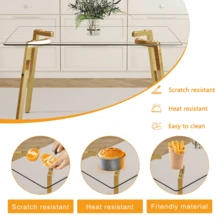 51 * 31.5 Inch Rectangular Dining Table: Transparent Glass Paired With Golden Seven Character Legs, Showcasing A Luxurious Texture. Suitable For Various Places Such As Kitchens, Dining Rooms,Etc.