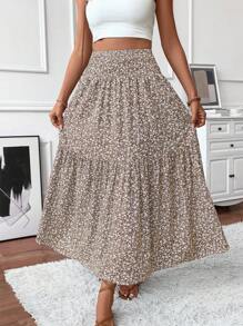 Women's Maxi Skirt Tiny Floral Casual Elastic Waist With Pockets Ruffled Hem Ladies Summer A-Line Long Skirts