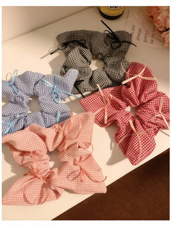 1pc Plaid Bow Ballet Style Ribbon Square Cute Sweet Girl Scrunchie, Elegant, Vintage, Casual, Versatile, Polyester Ponytail Hair Accessory Scrunchies Hair Ties Scrunchy Hair Ties