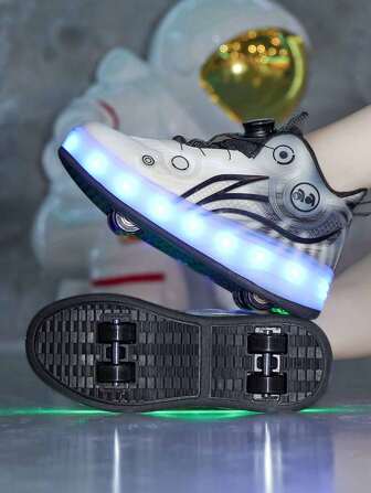 儿童发光四轮溜冰鞋，带开关、LED 灯、USB 充电、带轮鞋