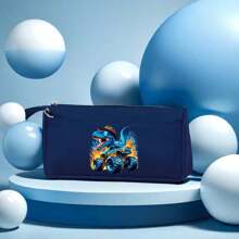 Niebieski piórnik z motywem płomienia dinozaura, mała torba do przechowywania - idealny dla uczniów, do biura, w podróży, do kosmetyków i artykułów piśmienniczych