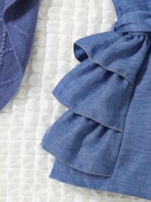 少女春季无袖牛仔效果纽扣和荷叶边连体衣 - 中等水洗藍 - 查看 6