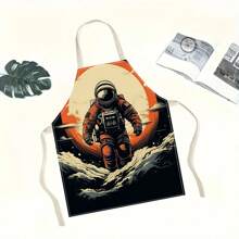 1pc Red - Sun Astronaut 3D Pattern Linen Apron For Home Cooking, Kitchen Wear, And Cooking Enthusiasts - Multicolor - View 6