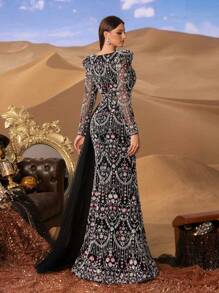 Faeriesty Vestido de noche de sirena de lujo con cuentas, mangas largas y abertura alta - Dramática cola lateral, Body estructurado con lentejuelas, bajo con silueta de cola de pez para galas de etiqueta negra | Eventos de alfombra roja | Recepciones formales | Ceremonias de premios Fiesta Boda Elegante - Negro - Ver 2