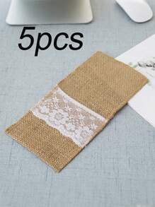 5pcs/15pcs Linen Cutlery Bag, 8.6*4.3in, Beige Coarse Burlap, Lace Silverware Holder, Flax Knife And Fork Cutlery Bag, Suitable For Vintage Country Wedding Party,Christmas