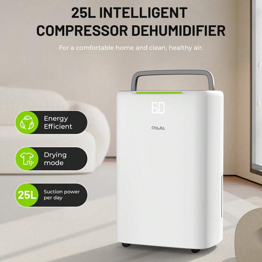 OYAJIA 25L/Day Dehumidifier For Mould And Moisture Extraction Quiet 36dB - 30㎡,Dehumidifiers For Home With Digital Humidity Display,24 Hour Timer, Auto Defrost, Laundry Drying, Continuous Drainage Ideal For Damp Flats, Apartments - UK Plug(220-240V) - View 1