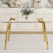 51 * 31.5 Inch Rectangular Dining Table: Transparent Glass Paired With Golden Seven Character Legs, Showcasing A Luxurious Texture. Suitable For Various Places Such As Kitchens, Dining Rooms,Etc.